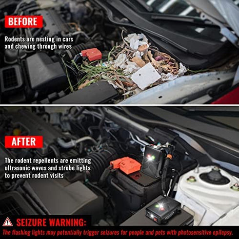 Loraffe Under Hood Animal Repeller Battery Operated Rodent Repellent Ultrasonic Rat Deterrent Keep Mice Away from Car with Ultrasounds and LED Strobe Lights Rodent Defense Vehicle Pest Control